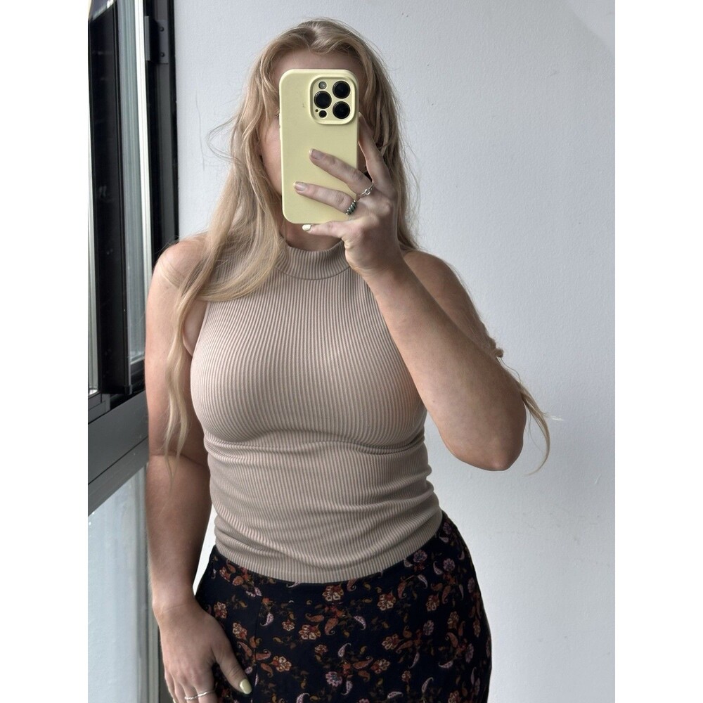 Gypsy + Jade Beige Ribbed Knit Mock Neck Sleeveless Tank Top Women’s S/M